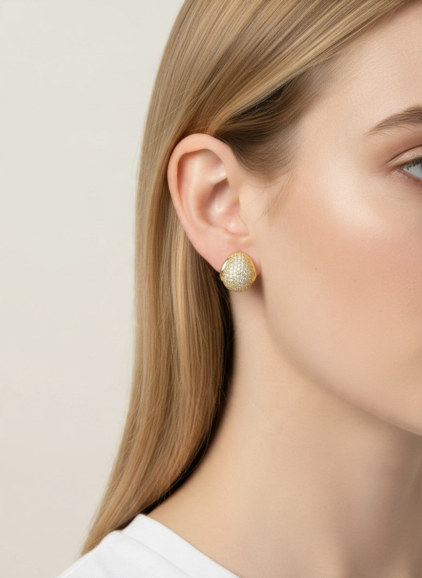 18K Gold Dipped CZ Pave Oval Dome Stud Earrings - Gold Crystal