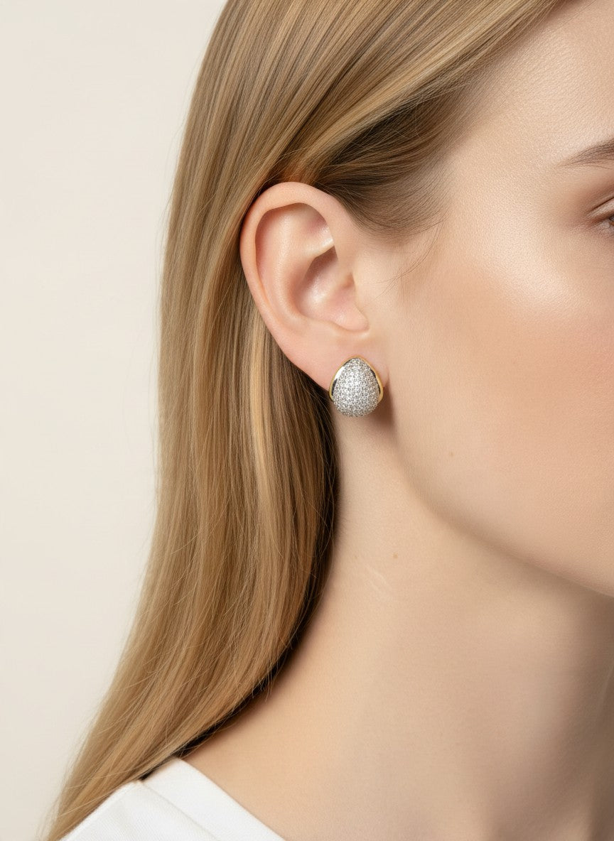 18K Gold Dipped CZ Pave Oval Dome Stud Earrings - Gold Rhodium