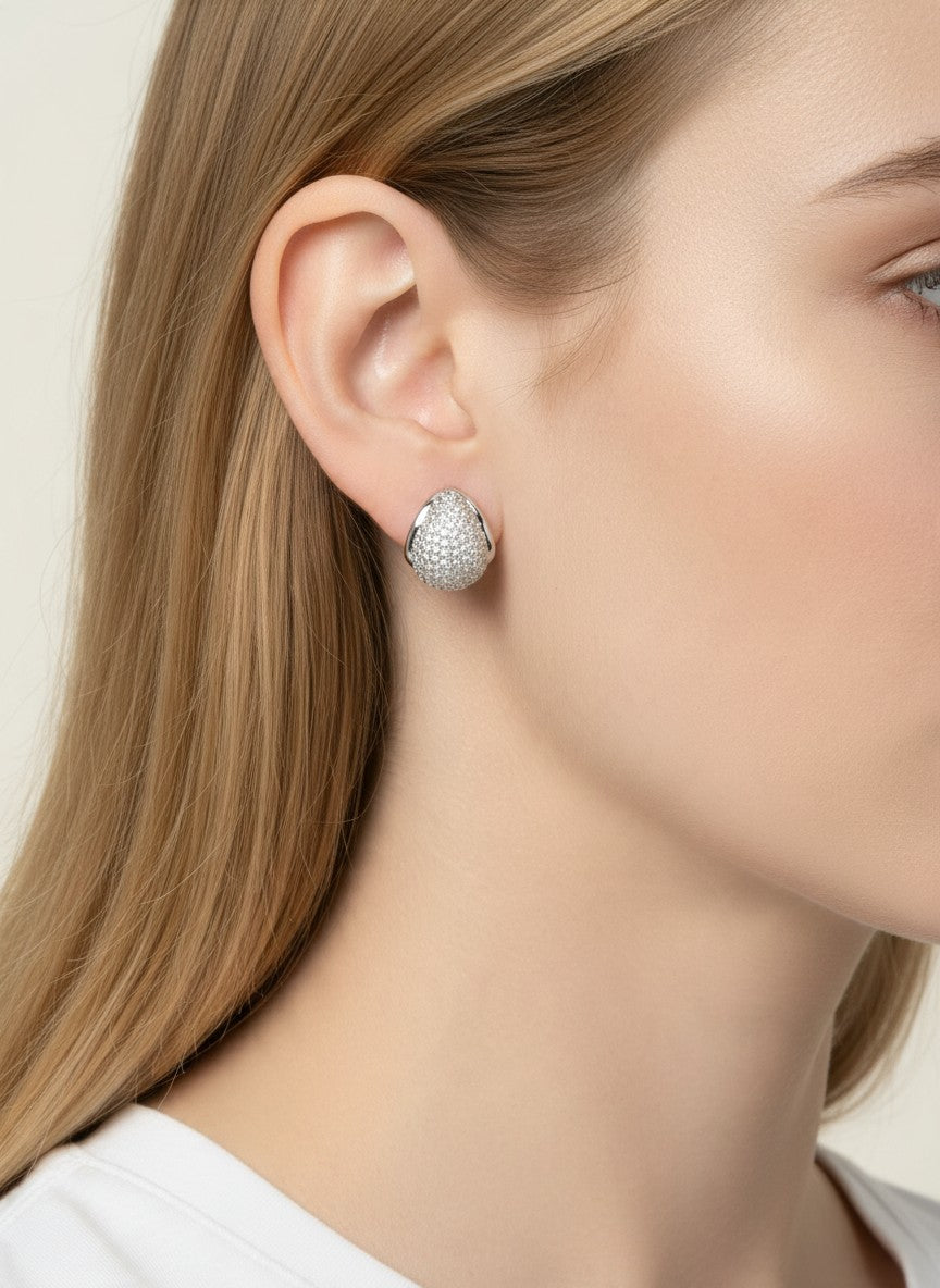 18K Gold Dipped CZ Pave Oval Dome Stud Earrings - Rhodium Crystal