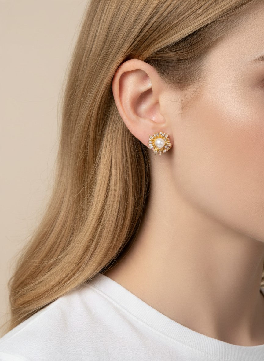 14K Gold Dipped CZ Pearl Starburst Stud Earrings - Gold Crystal