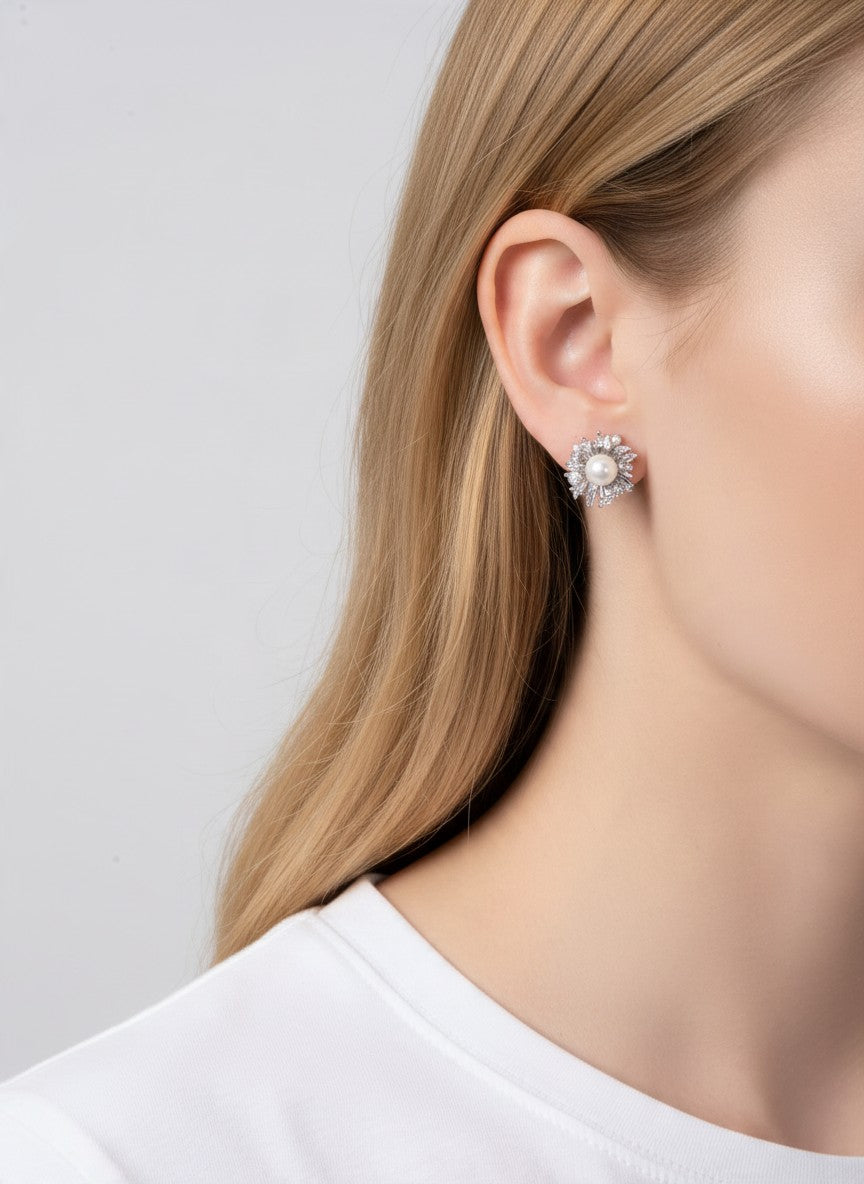 14K Gold Dipped CZ Pearl Starburst Stud Earrings - Rhodium Crystal