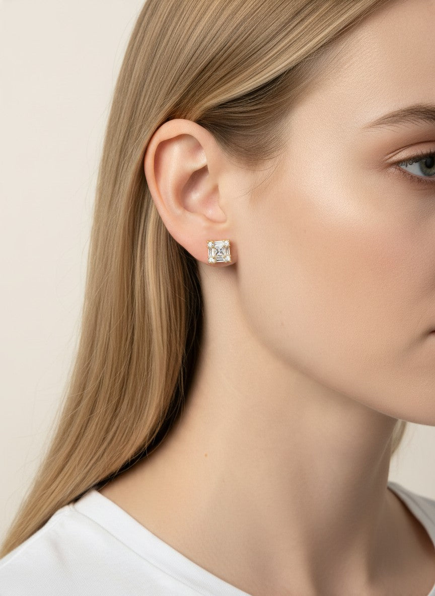 18K Gold Dipped CZ Geometric Square Stud Earrings - Gold Crystal