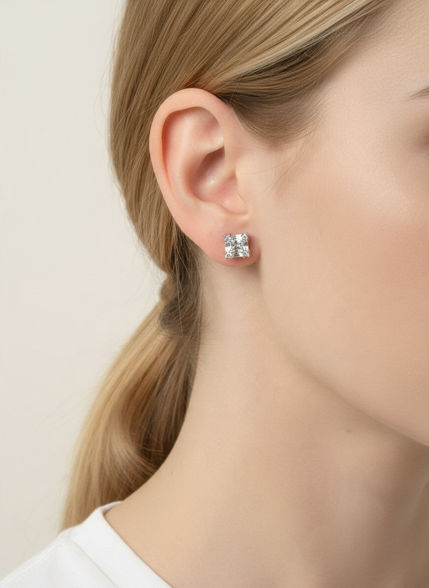 18K Gold Dipped CZ Geometric Square Stud Earrings - Rhodium Crystal