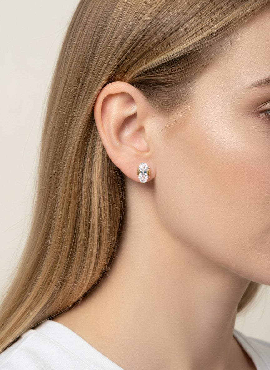 18K Gold Dipped CZ Oval Cut Stud Earrings - Gold Crystal