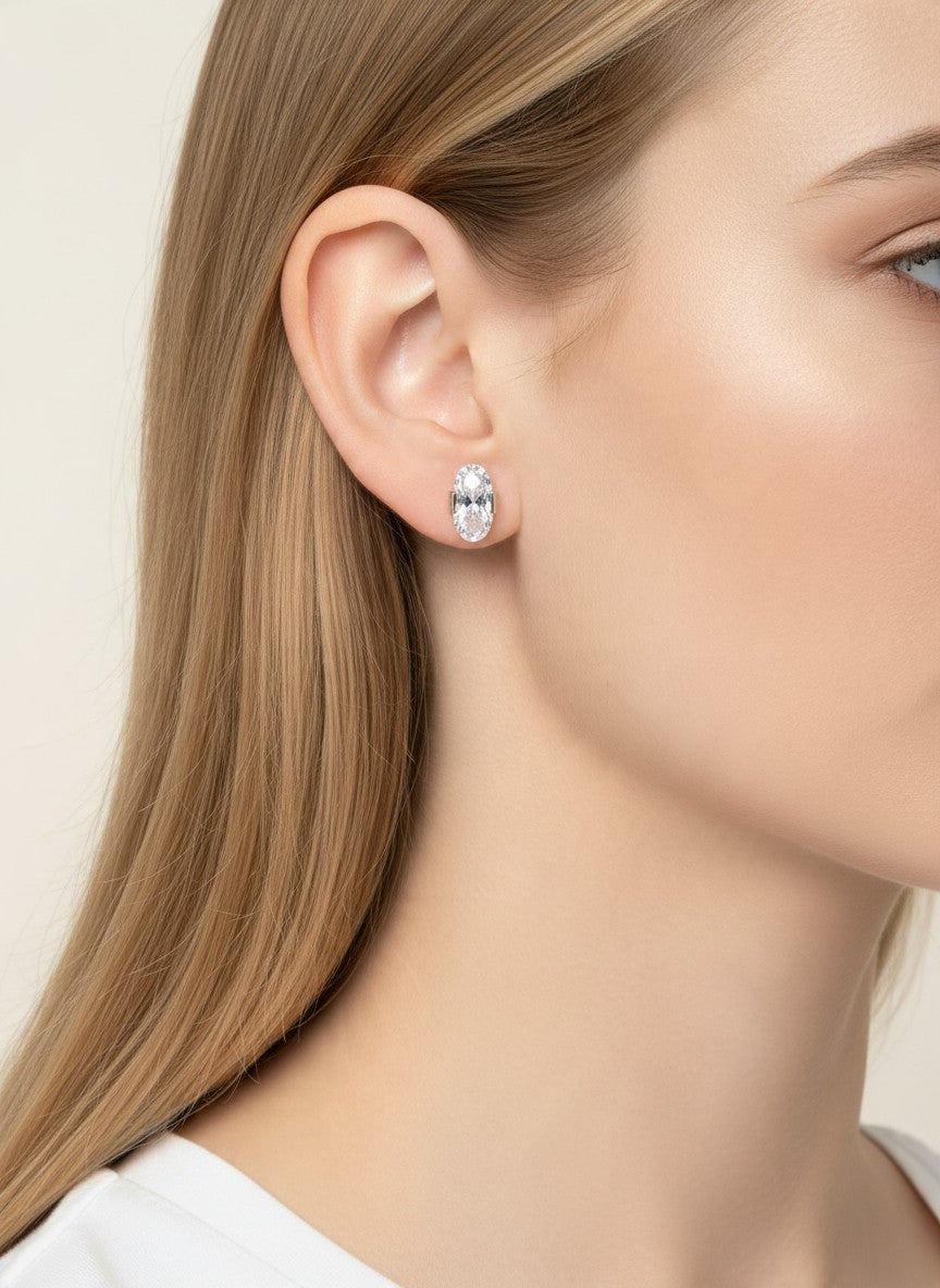 18K Gold Dipped CZ Oval Cut Stud Earrings - Rhodium Crystal