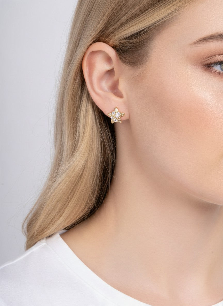 18K Gold Dipped CZ Star Cluster Stud Earrings - Gold Crystal