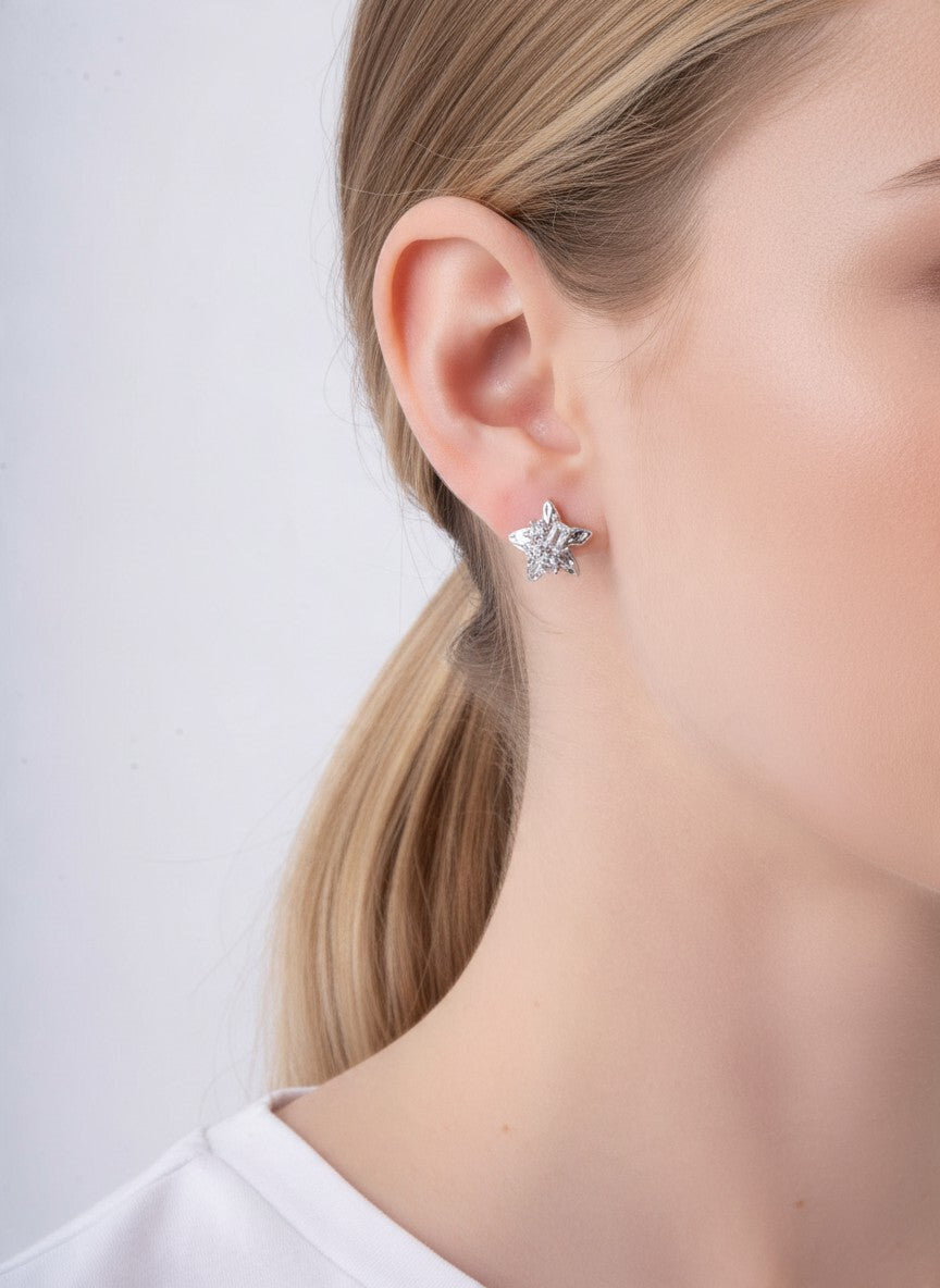 18K Gold Dipped CZ Star Cluster Stud Earrings - Rhodium Crystal