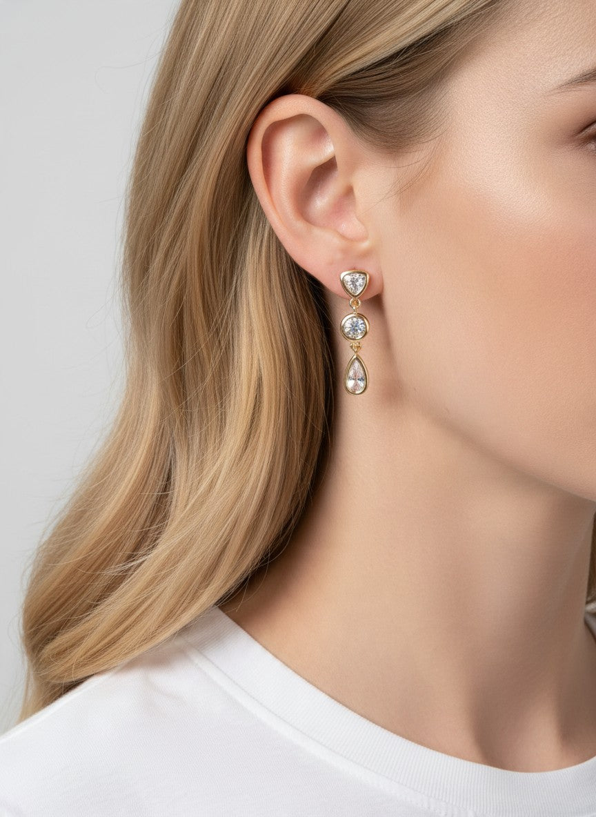 18K Gold Dipped CZ Triple Geometric Drop Earrings - Gold Crystal
