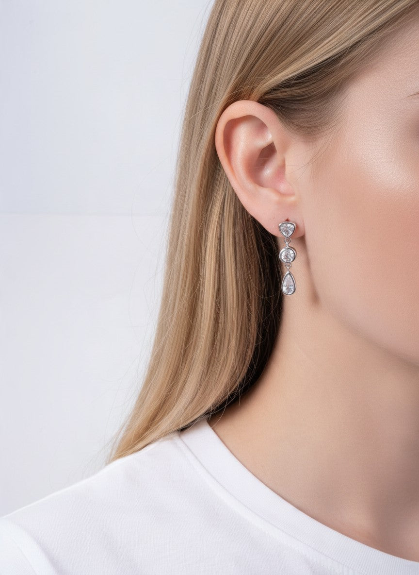 18K Gold Dipped CZ Triple Geometric Drop Earrings - Rhodium Crystal