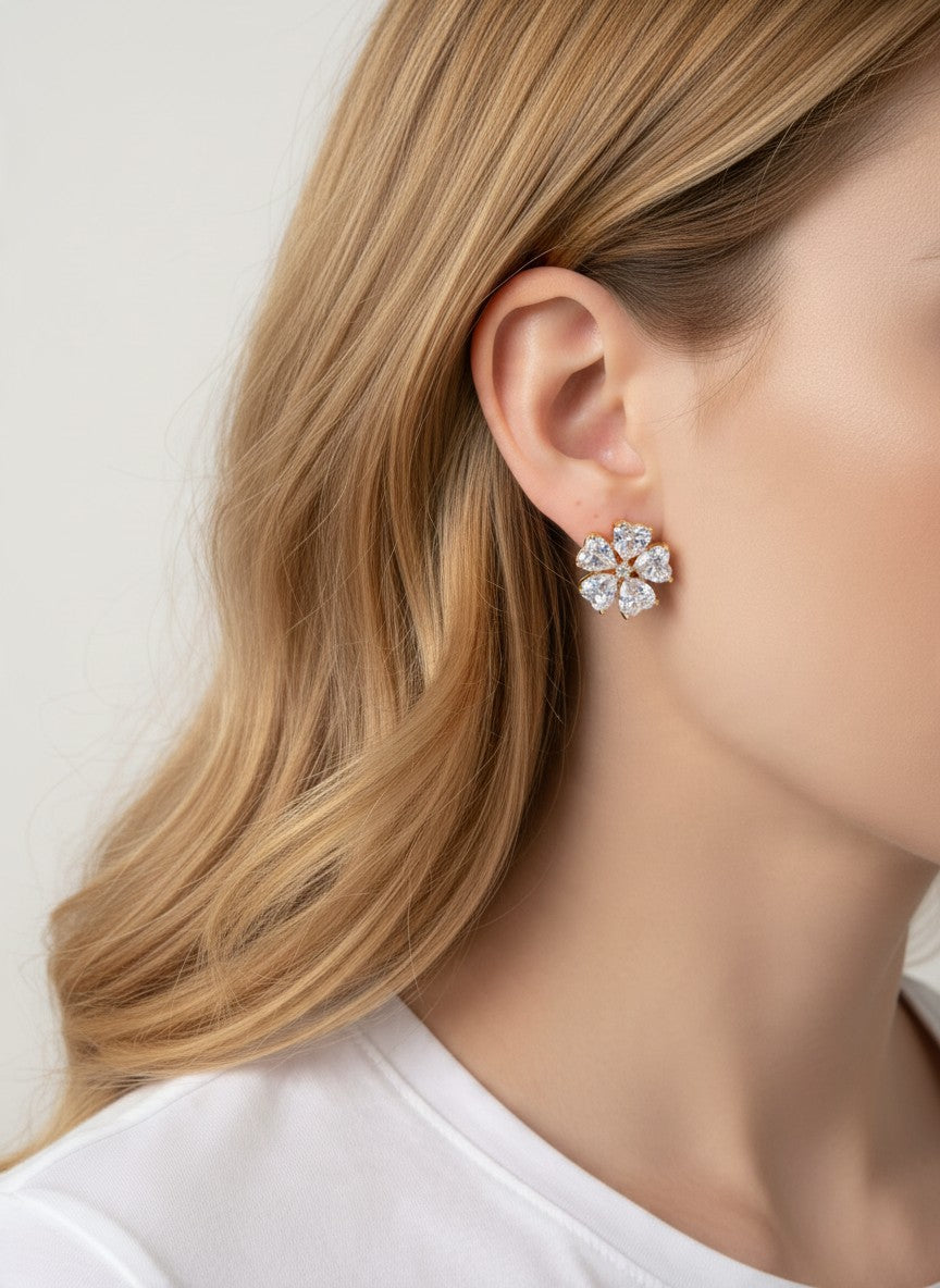 18K Gold Dipped CZ Heart Flower Stud Earrings - Gold Crystal
