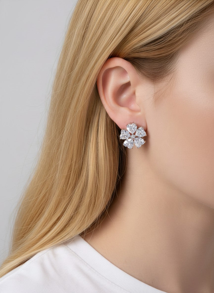 18K Gold Dipped CZ Heart Flower Stud Earrings - Rhodium Crystal