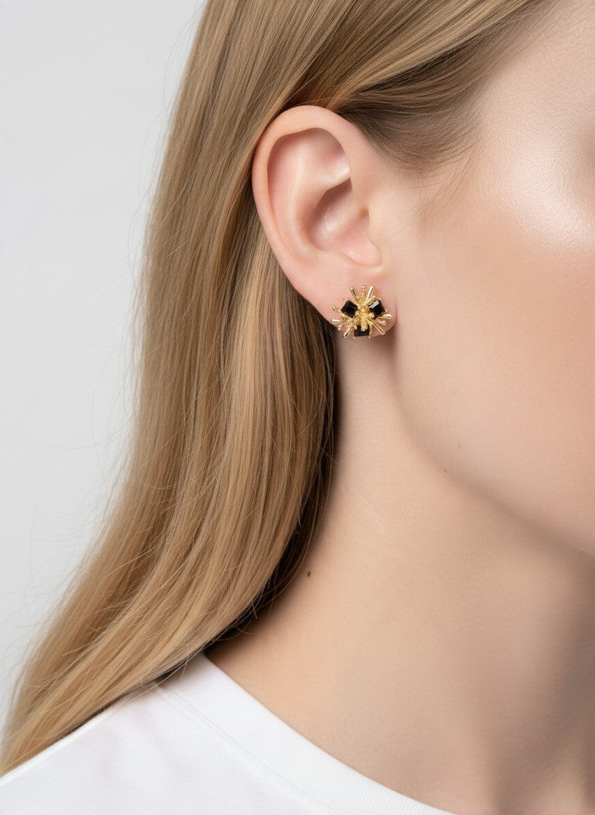 14K Gold Dipped CZ Starburst Stud Earrings - Gold Black