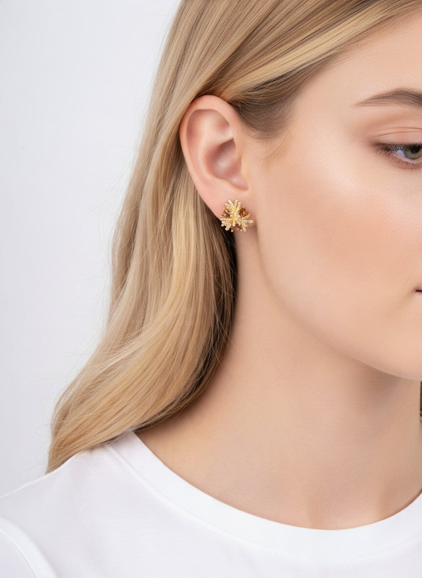 14K Gold Dipped CZ Starburst Stud Earrings - Gold Brown
