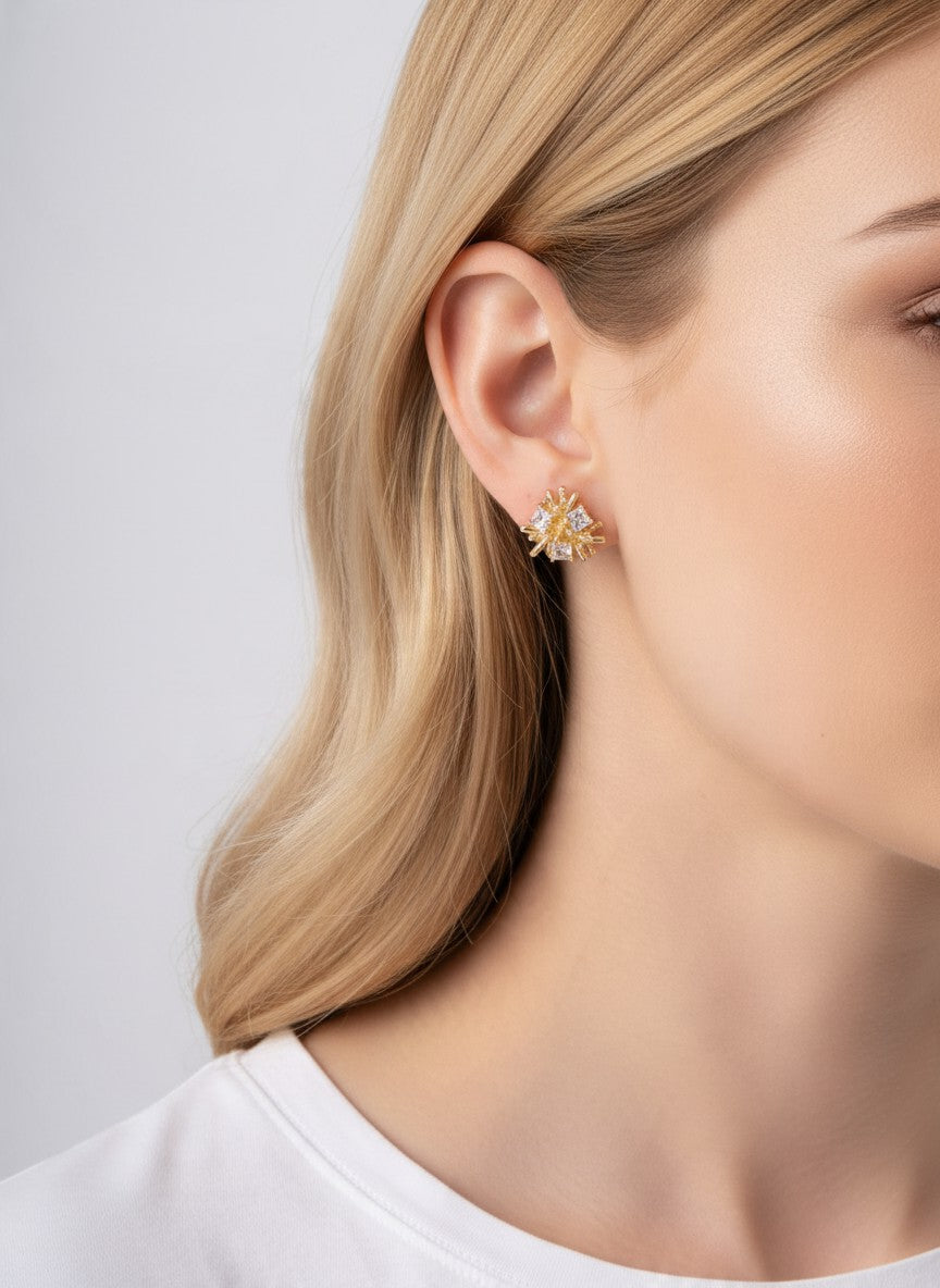 14K Gold Dipped CZ Starburst Stud Earrings - Gold Crystal