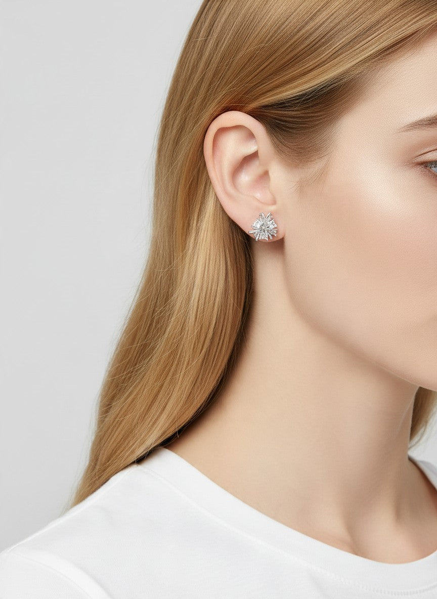 14K Gold Dipped CZ Starburst Stud Earrings - Rhodium Crystal
