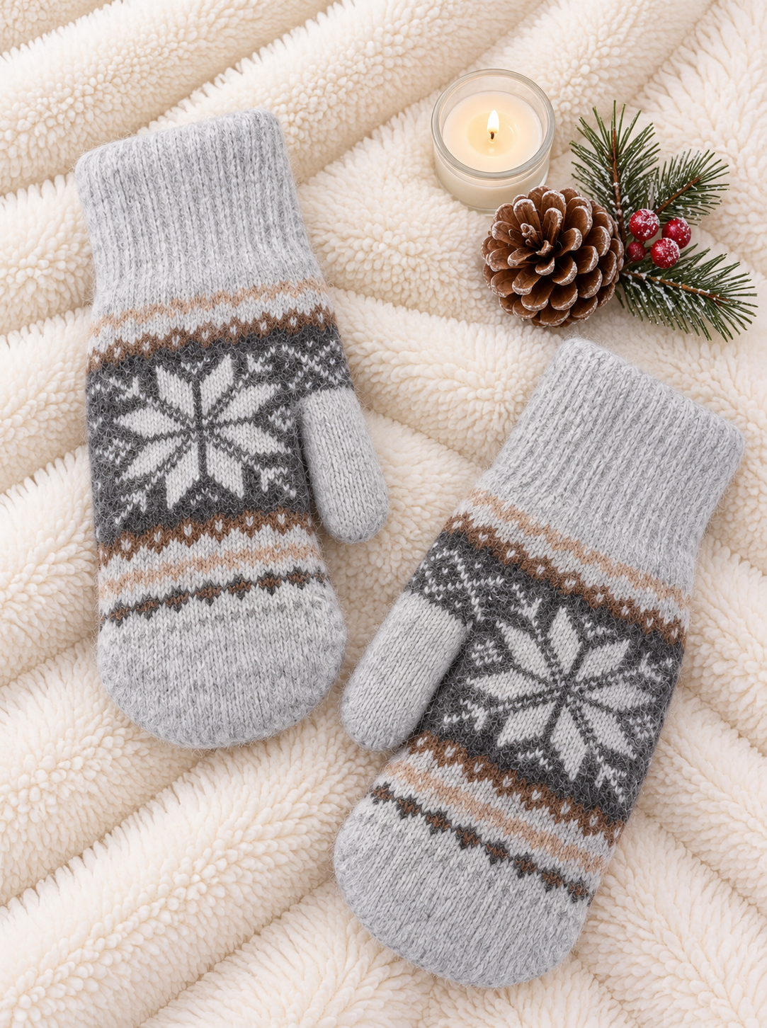 Fair Isle Snowflake Knit Mittens - GREY