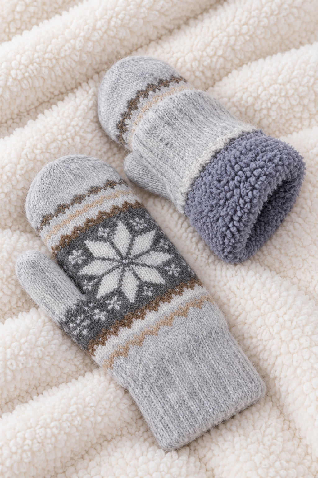 Fair Isle Snowflake Knit Mittens - GREY