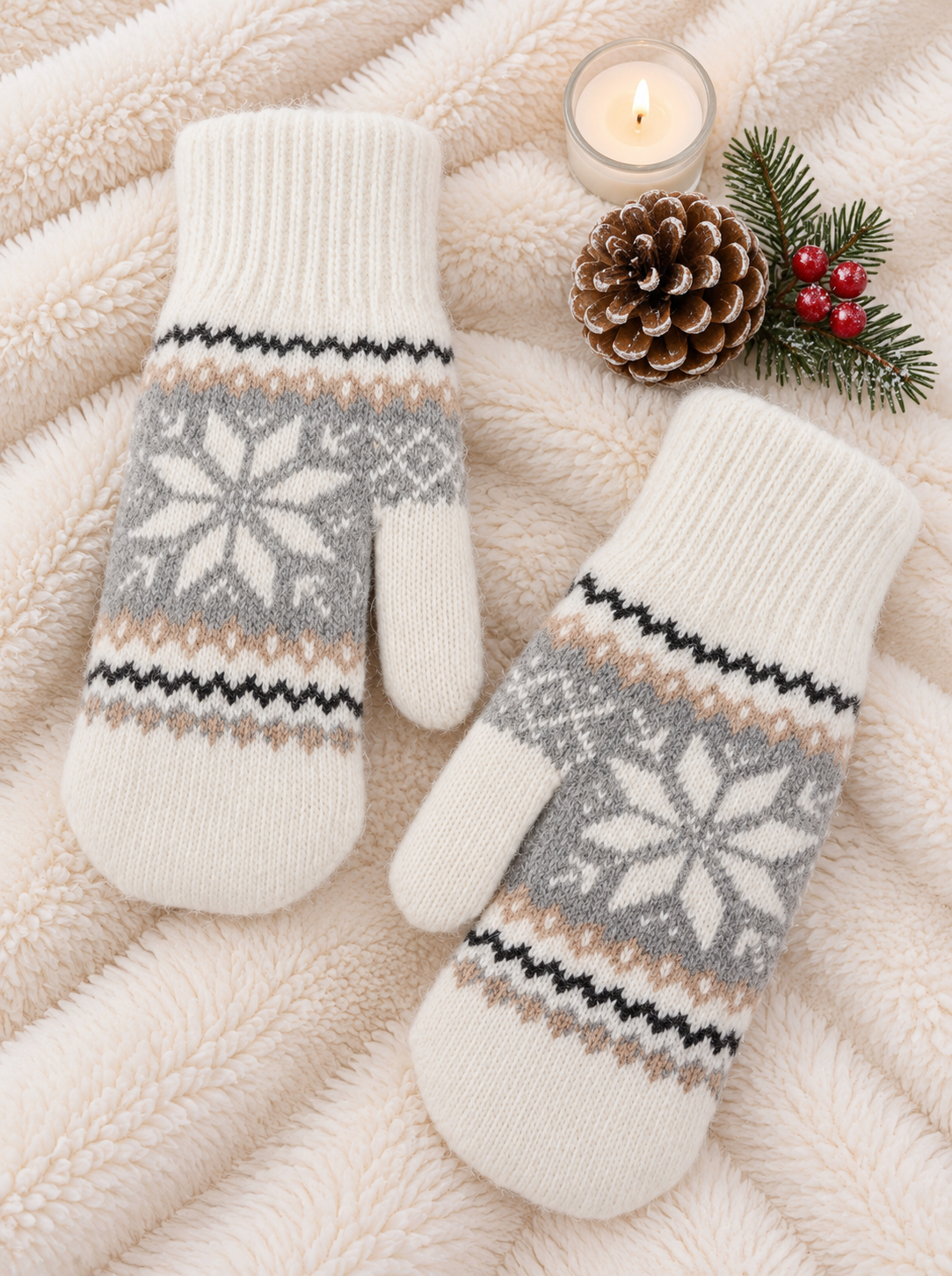 Fair Isle Snowflake Knit Mittens - IVORY