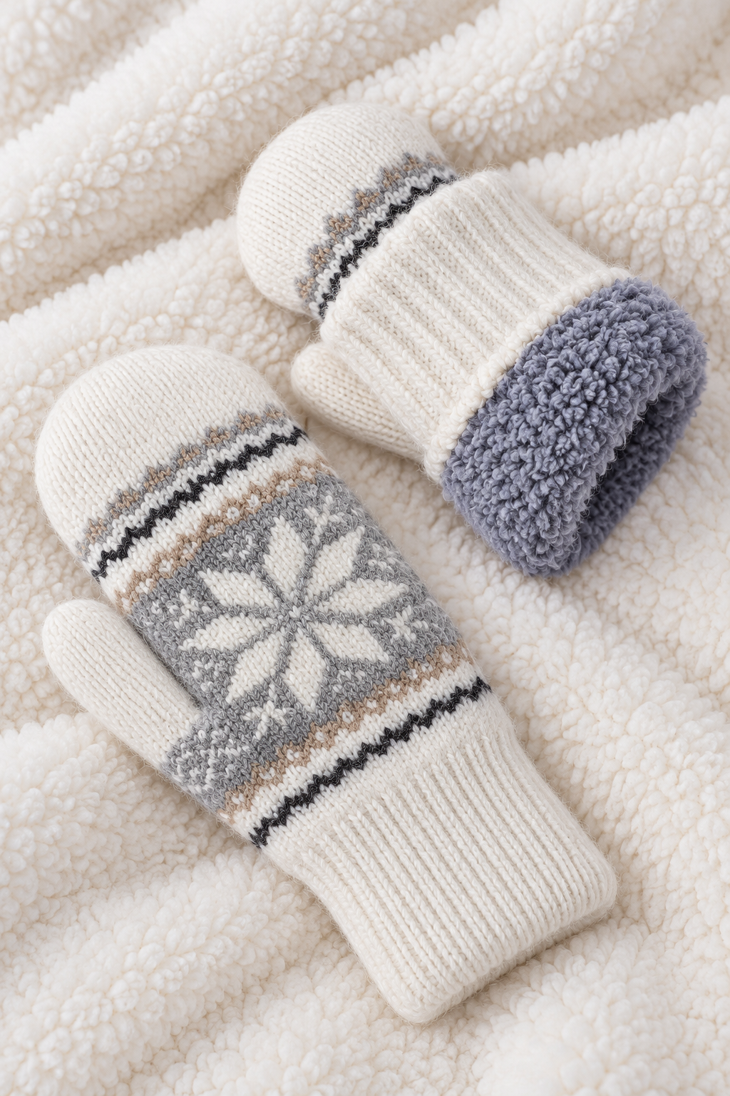 Fair Isle Snowflake Knit Mittens - IVORY