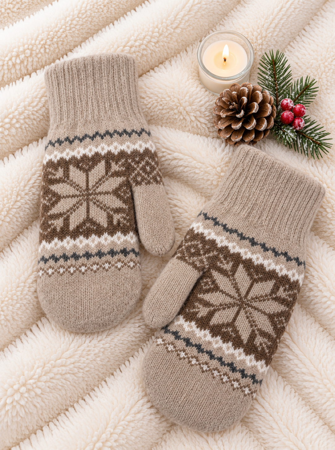 Fair Isle Snowflake Knit Mittens - TAUPE
