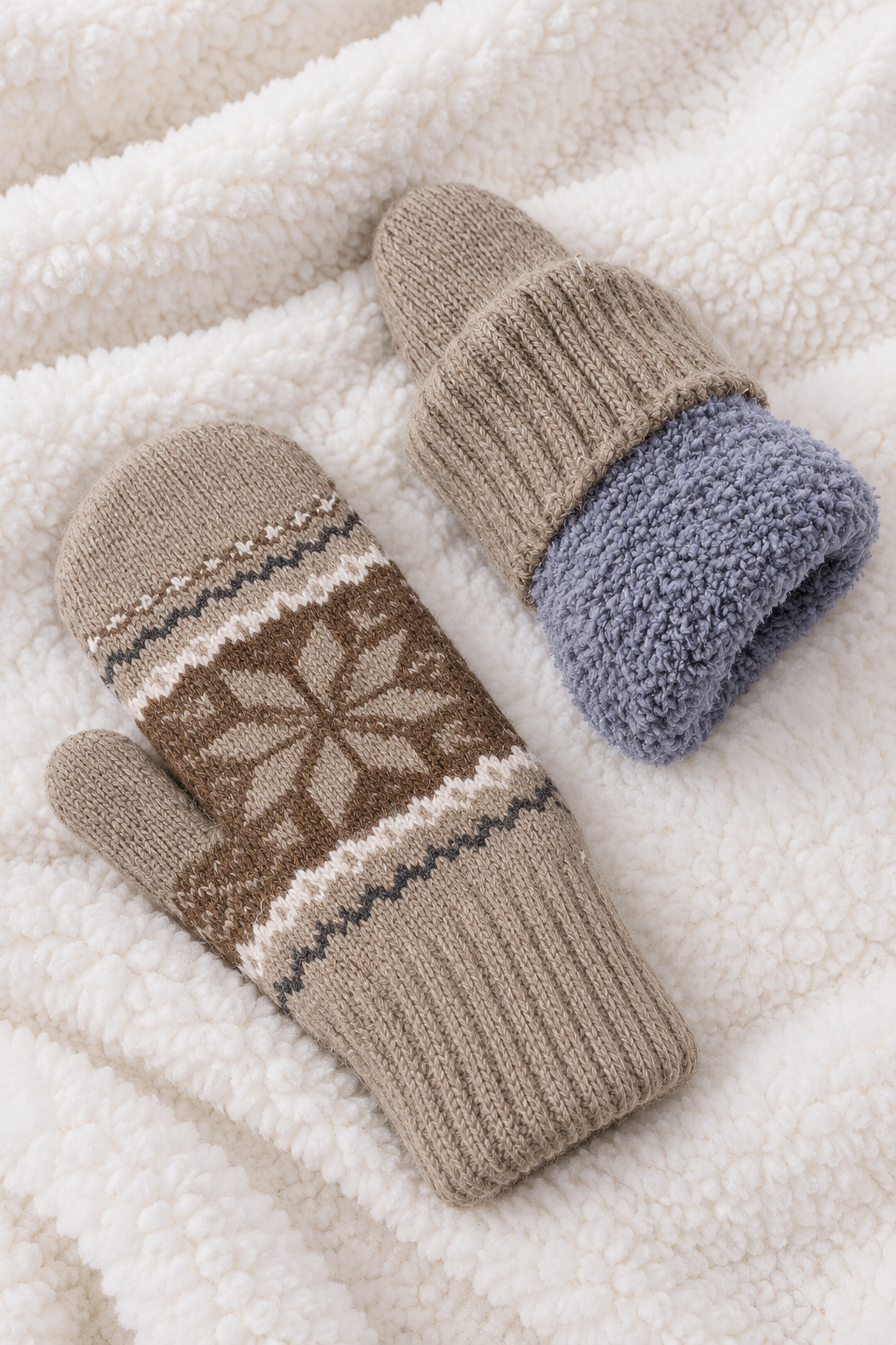 Fair Isle Snowflake Knit Mittens - TAUPE
