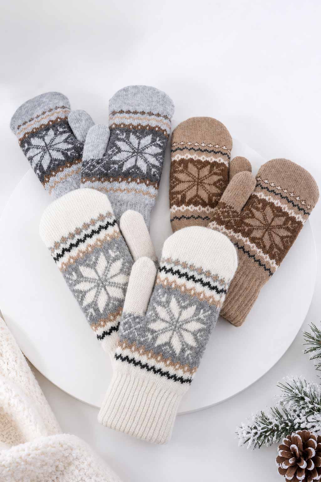 Fair Isle Snowflake Knit Mittens - TAUPE