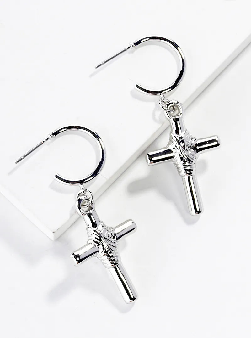 15mm Hoop Earrings With Hollow Cross Drop