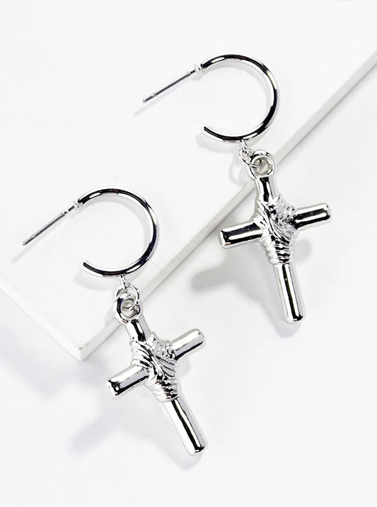 15mm Hoop Earrings With Hollow Cross Drop