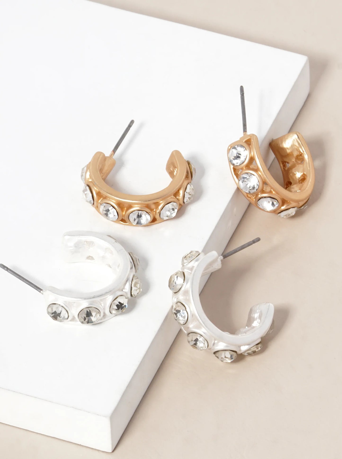 15mm Metal Crystal Stone Set Hoop Earrings