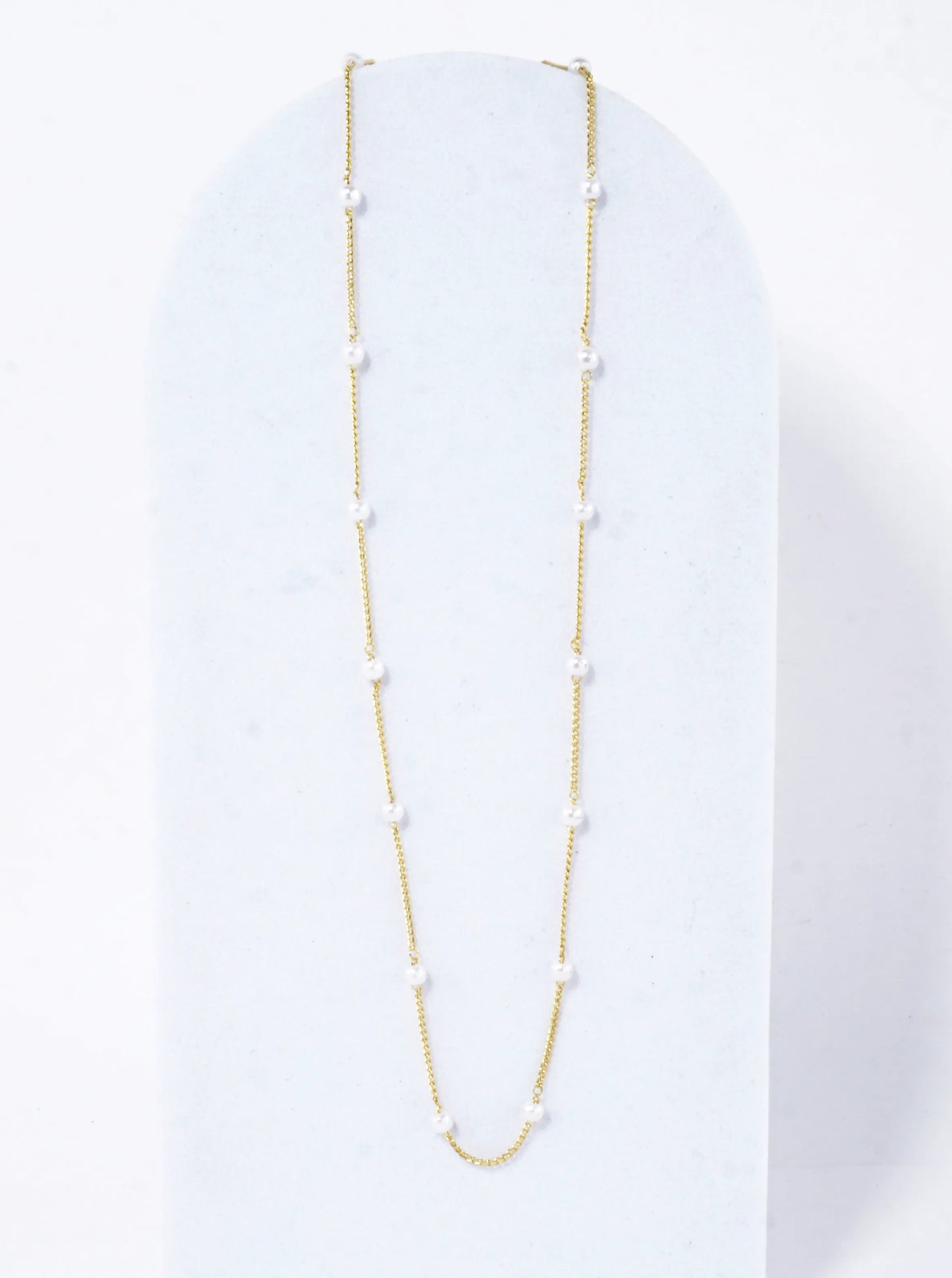 16 Inch Brass 2mm Pearl Station Chain Necklace