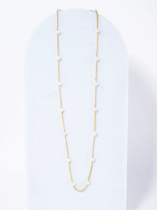16 Inch Brass 2mm Pearl Station Chain Necklace