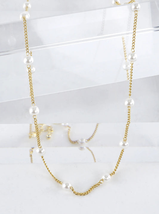 16 Inch Brass 4mm Pearl Station Chain Necklace
