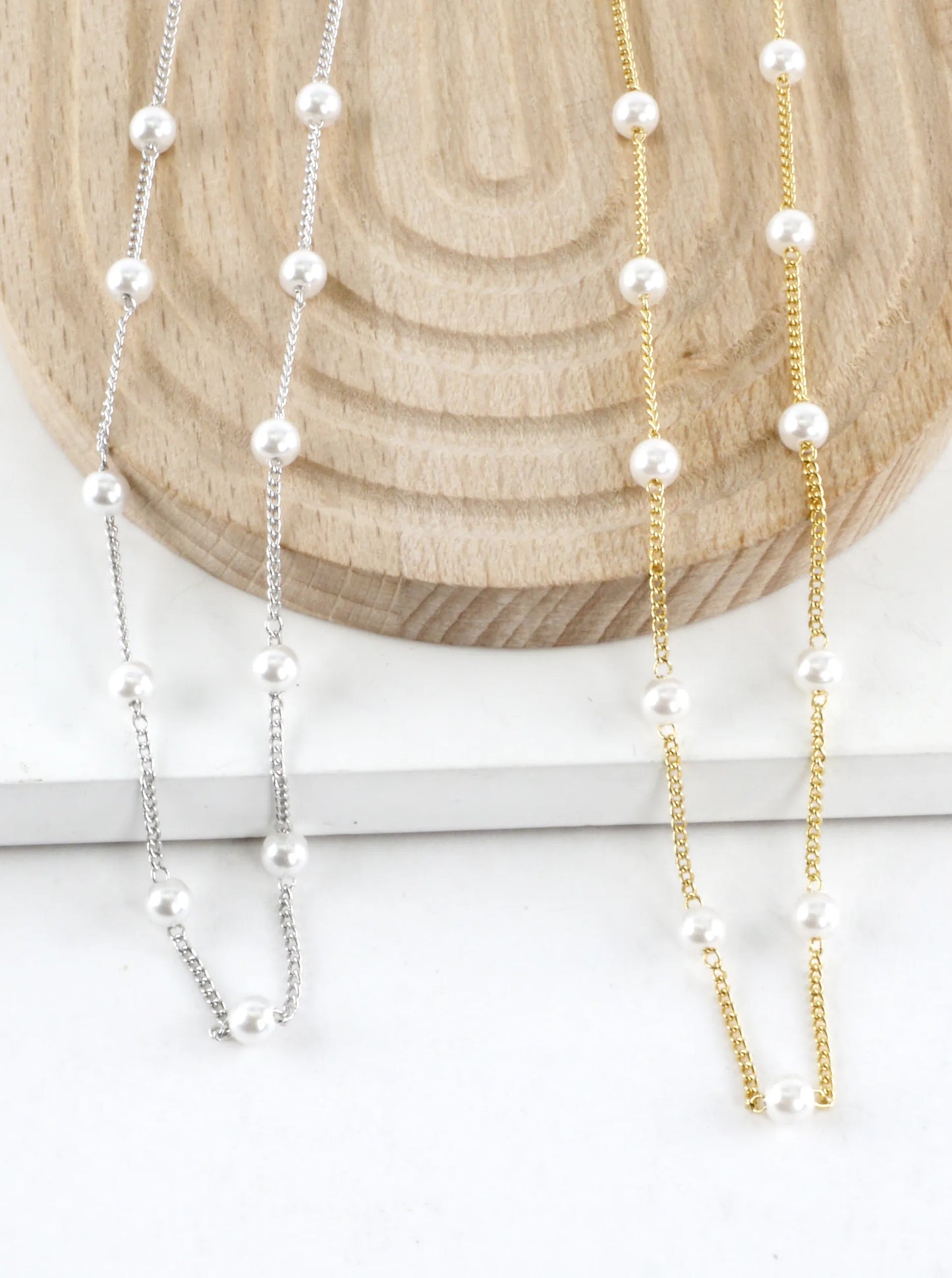 16 Inch Brass 4mm Pearl Station Chain Necklace