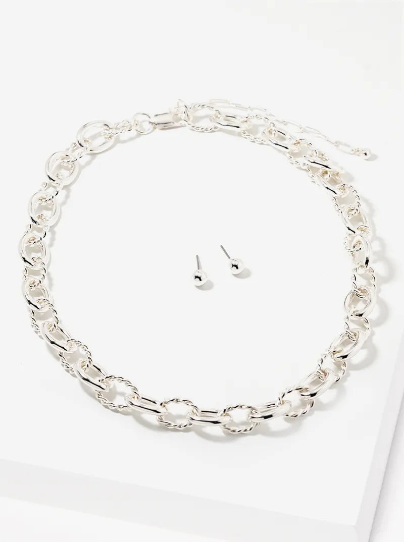 16 Inch Long Textured Chain Necklace Set With Earrings