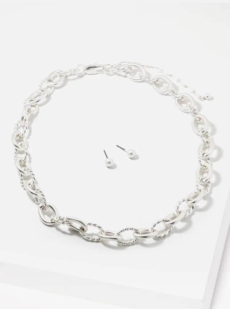16 Inch Long Textured Chain Necklace Set With Earrings