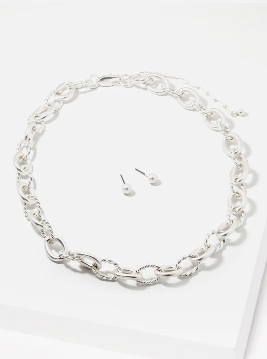 16 Inch Long Textured Chain Necklace Set With Earrings