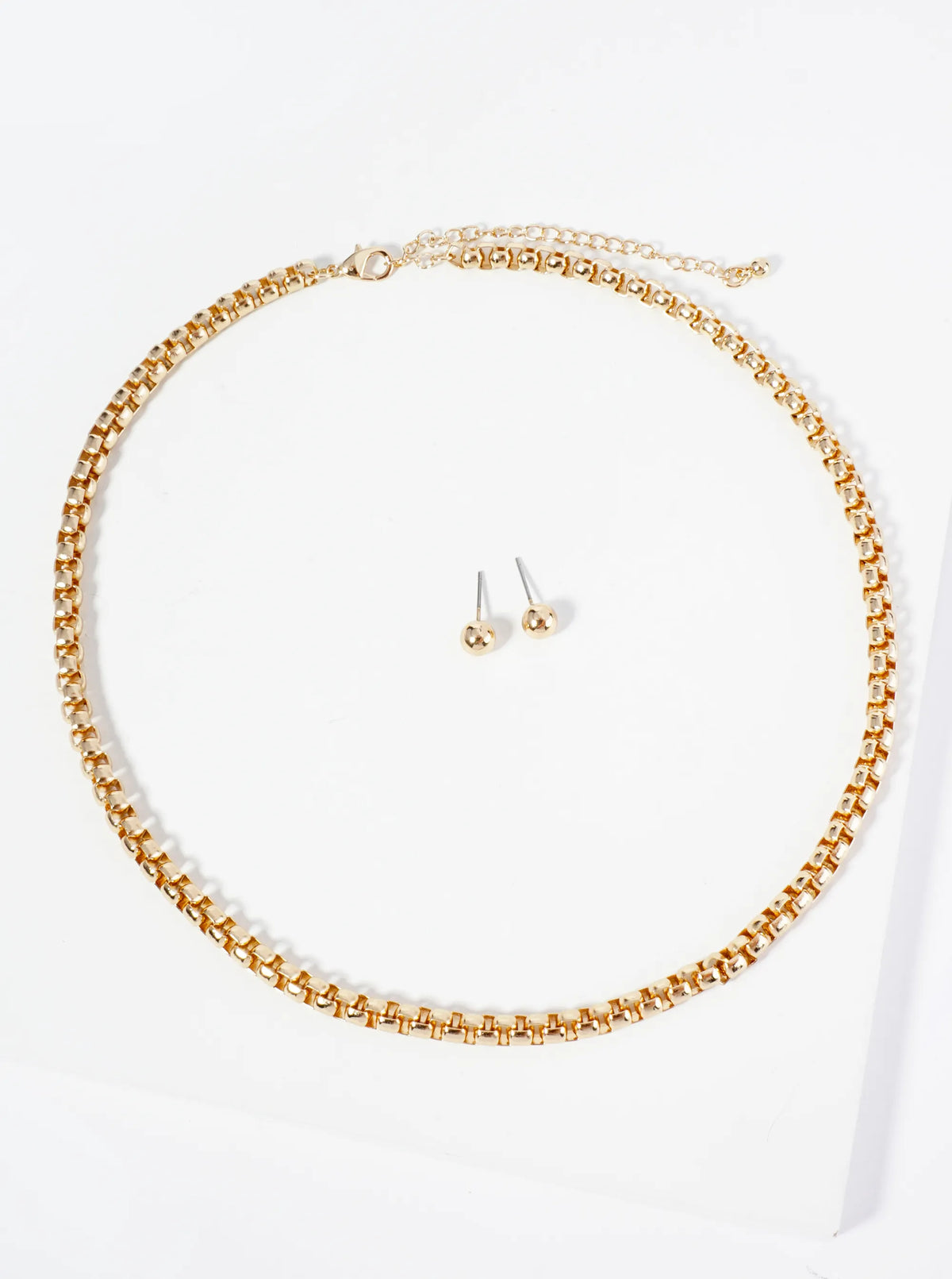 16 Inch Round Box Chain Necklace Set With Earrings