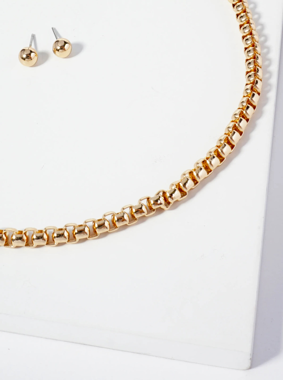 16 Inch Round Box Chain Necklace Set With Earrings