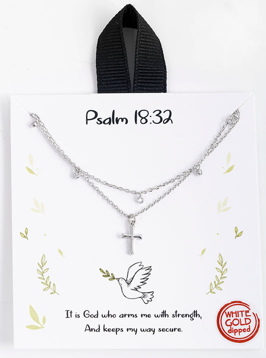 Double Layer Cross Cz Gold Dipped Necklace Rhodium