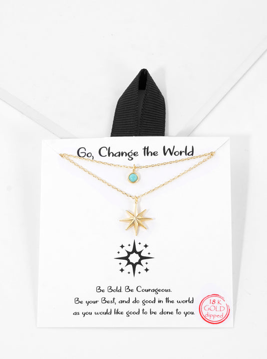 White Gold Dipped Starburst Pendant Layered Necklace Matte gold-Turquoise