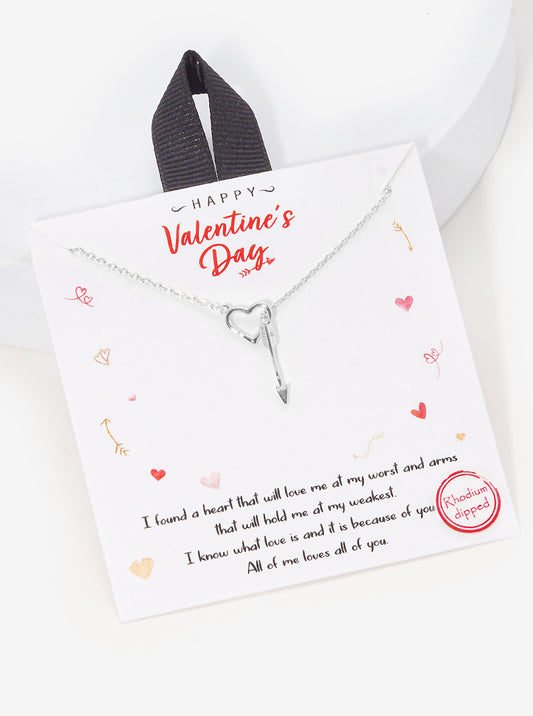 Valentine's Day Gold Dipped Heart Arrow Necklace Rhodium