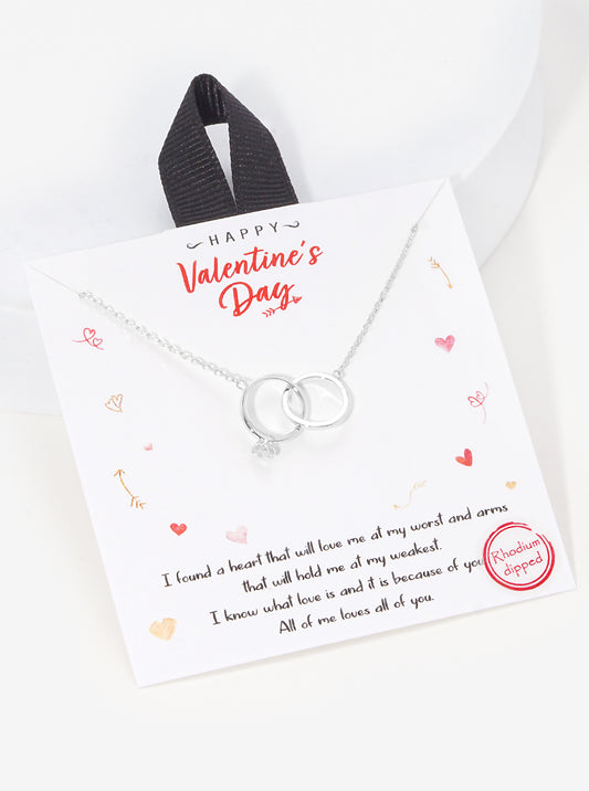 Valentine's Day Gold Dipped CZ Double Rings Necklace Rhodium-crystal