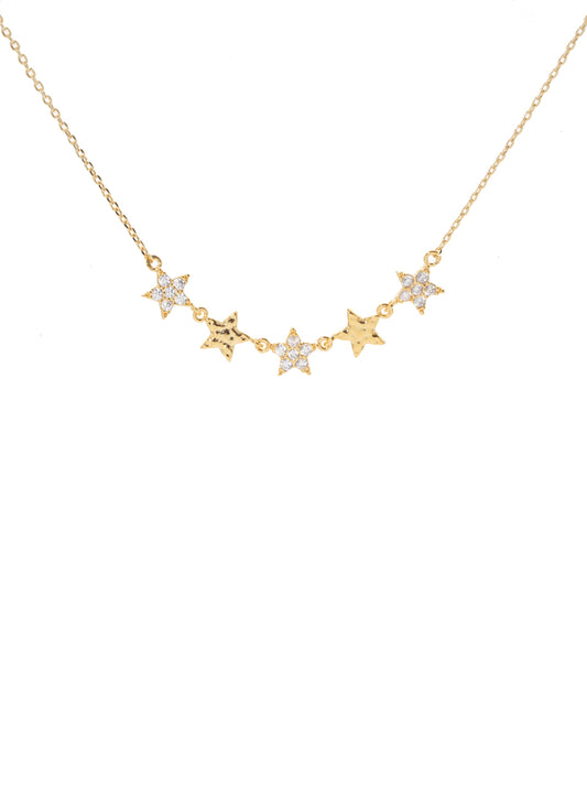 Rhodium Dipped Cubic Zirconia Pave Star Aligned Pendant Delicate Necklace Gold-Crystal