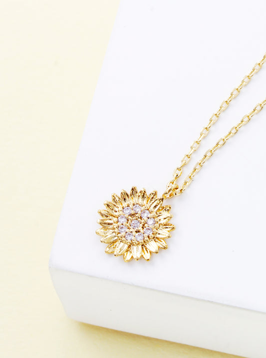 White Gold Dipped CZ Pave Sunflower Pendant Necklace Gold