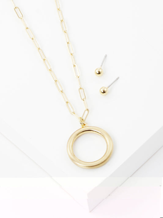 Cut Out Round Pendant Necklace Set With Stud Earrings Satin gold