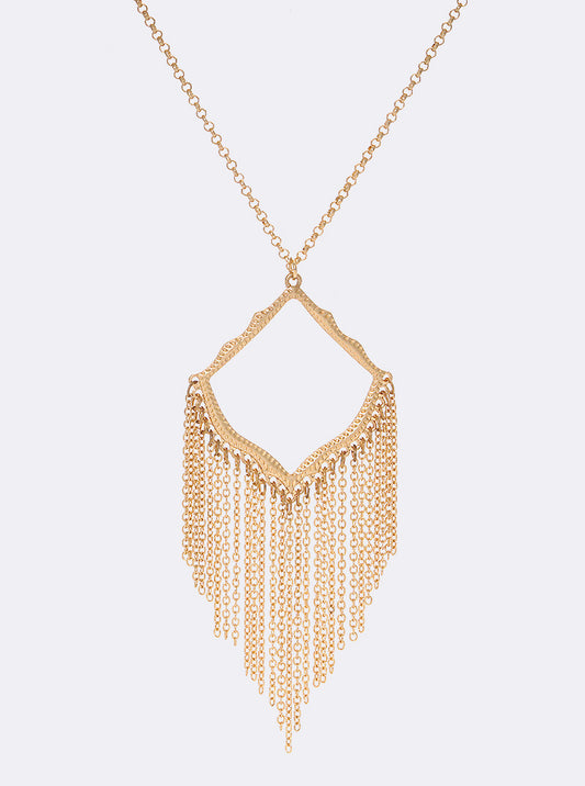 Textured Moroccan Shaped Pendant With Metal Chain Long Necklace Worn gold