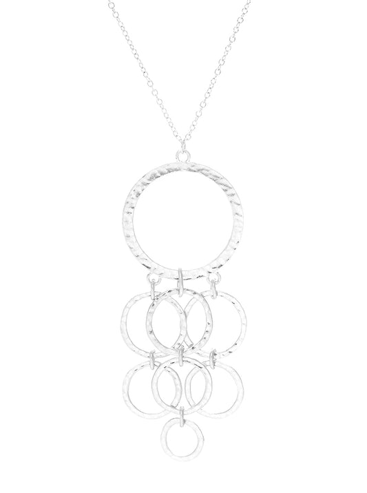 Hammered Metal Linked Circle Cluster Pendant Long Necklace Worn silver