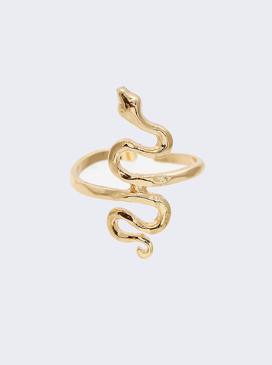 Hammered Snake Shape Adjustable Brass Cuff Ring Gold