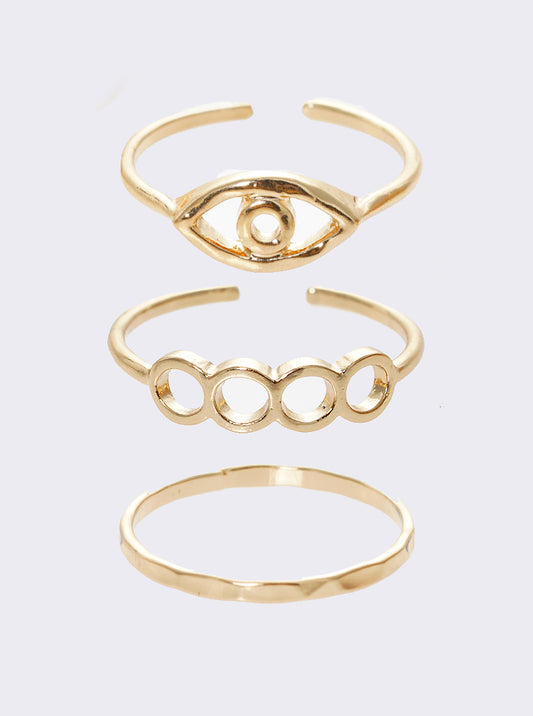 Set Of 3 Evil Eye Adjustable Cuff Ring Gold