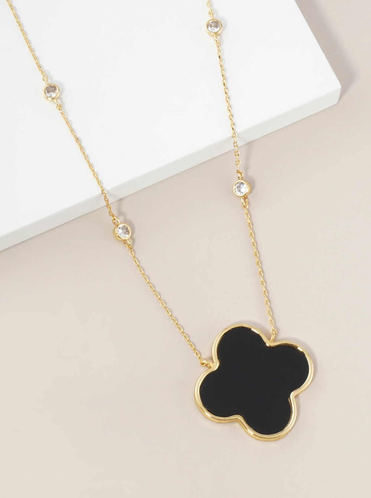 18K Gold Dipped 1 Inch Quatrefoil Pendant CZ Stone Chain Necklace